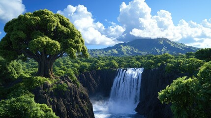 Naklejka premium Majestic waterfall cascading through lush green jungle nature landscape vibrant environment serene viewpoint