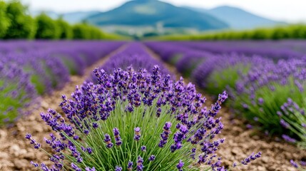 Obraz premium Close-up of a blooming purple lavender bush in a vibrant field with rows extending towards distant green hills under a bright sky.