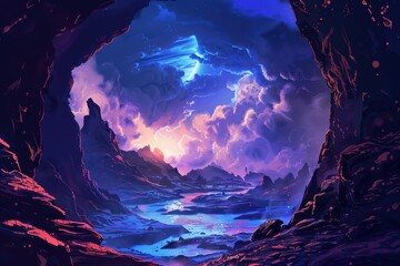 Fototapeta premium A View of a Fantastical Landscape Through a Cave Opening