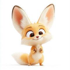cute 3D rendered fennec fox pup with oversized ears and soft sandy fur, displaying playful energy and charm, isolated on white background in detailed animated style