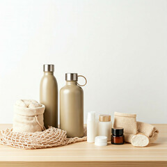 beige and brown bottles and cream jars on natural wood table with a natural cotton bag and white makeup remover pad