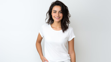 pose of smiling female wearing white blank t-shirt, white background