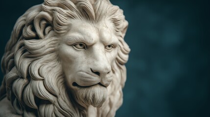 A detailed close-up of a majestic marble lion sculpture, showcasing its powerful features and intricate craftsmanship, set against a soft, muted background.