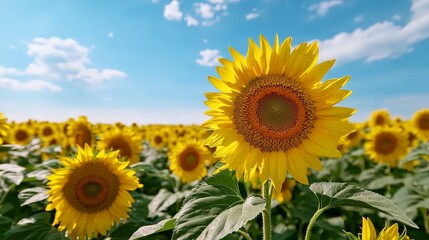 Golden Sunflower Field Under Blue Sky