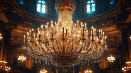 Obraz premium Grand crystal chandelier illuminates ornate hall.