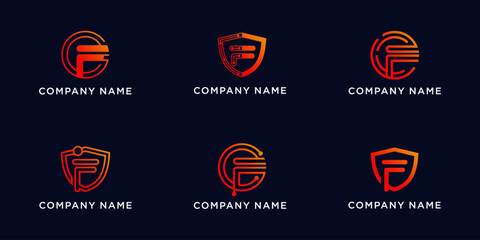 Set bundle letters F with shield and circle tech logo design