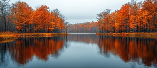 Obraz premium Autumn forest reflected in a calm lake.