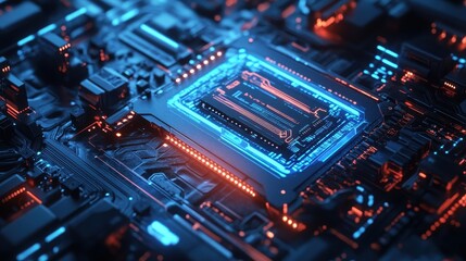 Obraz premium Close-up of futuristic circuit board; glowing blue and orange. Illustrates advanced technology, computing power, and innovation.