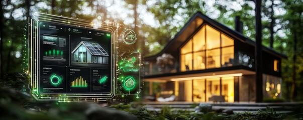 Fototapeta premium A modern, smart home nestled in the woods, featuring digital interfaces showcasing energy metrics and environmental data.