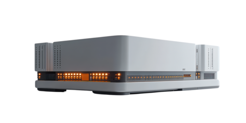  Sleek gray server with illuminated orange lights and minimalist design, showcasing advanced computing and data processing technology. Ideal for modern business or tech setups.