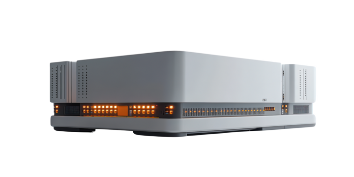  Sleek gray server with illuminated orange lights and minimalist design, showcasing advanced computing and data processing technology. Ideal for modern business or tech setups.