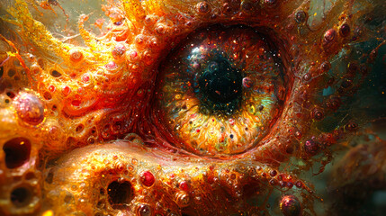 Close-up of a surreal, vibrant eye with orange and red textures.
