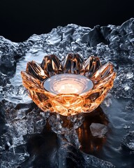 Fototapeta premium Elegant candle holder on ice, warm glowing light.