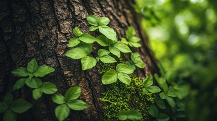 Lush green ivy climbs a moss-covered tree trunk. Perfect for nature, ecology, and growth themes.