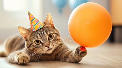 Playful cat celebrating with balloon at home fun pet photography in cozy environment