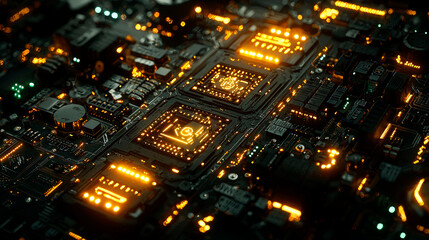 Close-up of illuminated computer motherboard with processors.