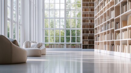 Fototapeta premium Minimalist modern home library with clean, sophisticated design. Featuring neutral tones and sleek lines