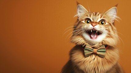 Fototapeta premium Playful cat with bow tie indoor studio animal greeting card warm color background whimsical concept