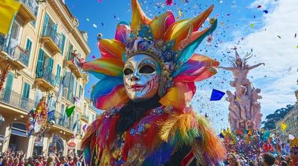 Nice Carnival, a lively parade along the streets of the French Riviera, people wearing colorful costumes with unique masks, Ai generated images