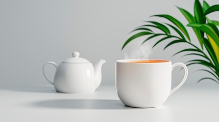 Fototapeta premium A white tea cup sits on a table next to a white tea pot