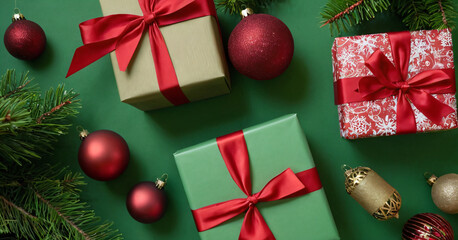 Top view of Christmas gifts with red bows, ornaments, and fir branches on a green backdrop setting