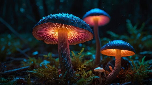 Glowing bioluminescent mushrooms in a mystical night forest, vibrant neon colors, enchanting nature, psychedelic fungi, luminous light, magical atmosphere, detailed macro photography.