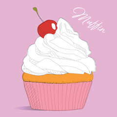 coffeesfood illustration cupcake illustration, cherry cupcake, brownie, illustration, candy, vanilla muffin with cherry, muffin, biscuit,