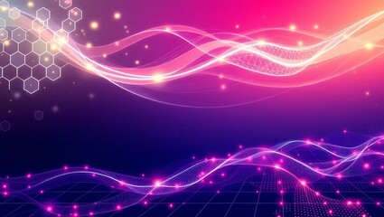 Fototapeta premium Artificial intelligence concept featuring luminous hexagonal grids, interwoven glowing pathways, and vibrant energy streams