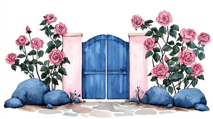 Charming Watercolor Garden Gate Illustration