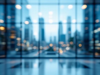 Blurred View of a Modern Cityscape Through Large Glass Windows, Perfect for Business, Urban Living, Corporate Office Concepts, Future Vision, and Minimalist Design Themes
