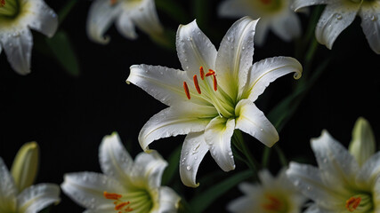 White lily with soft light illuminating its petals and dewdrops against a dark background capturing natural elegance and floral beauty.