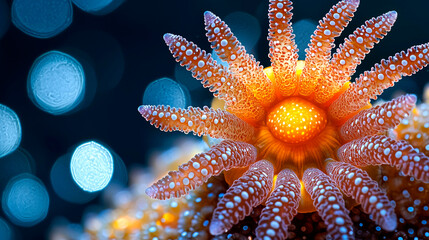 Fototapeta premium Close-up of vibrant orange sea anemone with textured tentacles against a bokeh background.