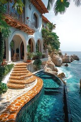 Fototapeta premium Oceanfront villa with infinity pool and stairs.