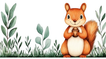 Playful Squirrel Holding Acorn in Watercolor Illustration