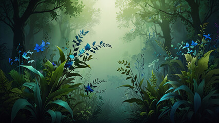 Abstract nature background green blue gradient with delicate leaves and flowers soft blurred tendrils ecological concept unity balance poster banner.