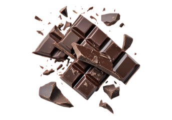Broken organic dark chocolate .Transparent background .Isolated PNG