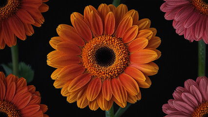 Bold orange or pink gerbera daisy with sharp vivid petals glowing naturally in soft light. Dark smooth backdrop highlights the flower's vibrant and fresh appearance.