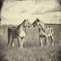 Obraz premium B&W image of lionesses on Serengeti plains.