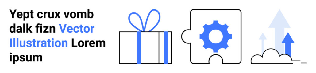Gift box wrapped with ribbon, puzzle piece with gear, and arrows indicating growth and progress. Ideal for business strategy, growth, innovation, success, collaboration, problem-solving