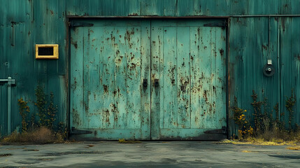 Rustic Weathered Teal Doors with Yellow Detail Illustration