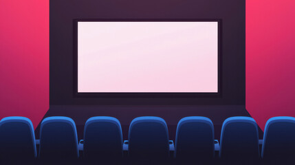 Minimalistic movie theater interior with vibrant red walls, blue seats, and a large blank screen