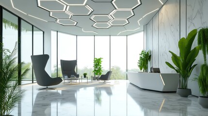 Modern office lobby with marble floor, large windows, and hexagon ceiling lights.