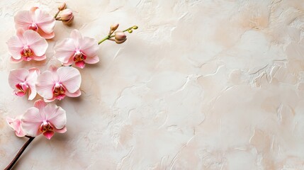 A bouquet of pink orchids is arranged on a beige, elegance background, with copy space