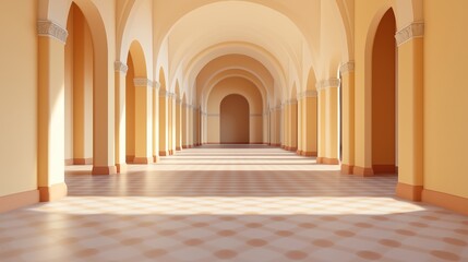 A stunning corridor with arches and warm lighting, showcasing architectural elegance and spaciousness, perfect for backgrounds and design projects.