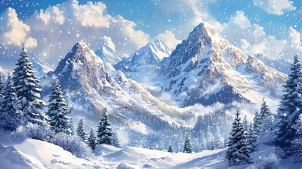 peak evening mist landscape natural view of mountain, A realistic painting showcasing a majestic mountain view, Outdoor landscapes with mountain textures with glowing snow.	