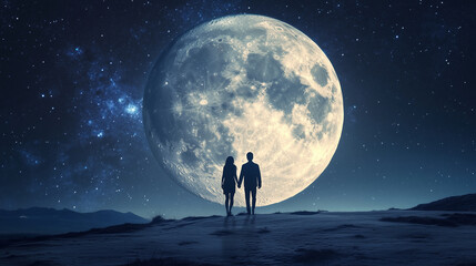 A realistic moon in the night sky, with an illustration of two lovers walking hand in hand on its surface