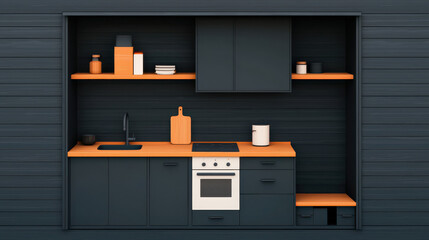 Compact modern kitchen with navy blue cabinets, orange accents, and a clean minimalist aesthetic