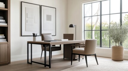 Fototapeta premium Minimalist modern home office with clean, functional design. Featuring neutral tones and sleek furniture