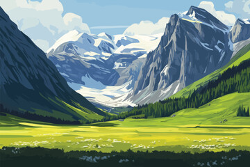 Obraz premium Lush Green Meadows and Snowy Mountains with Cloudy Sky