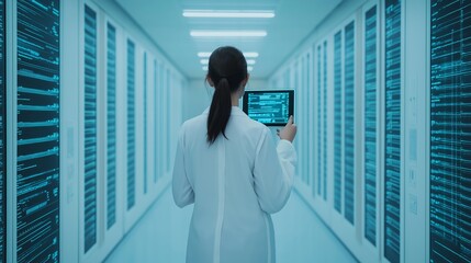 A technician examines data on a tablet in a modern server room filled with high-tech servers, showcasing innovation and digital infrastructure.
